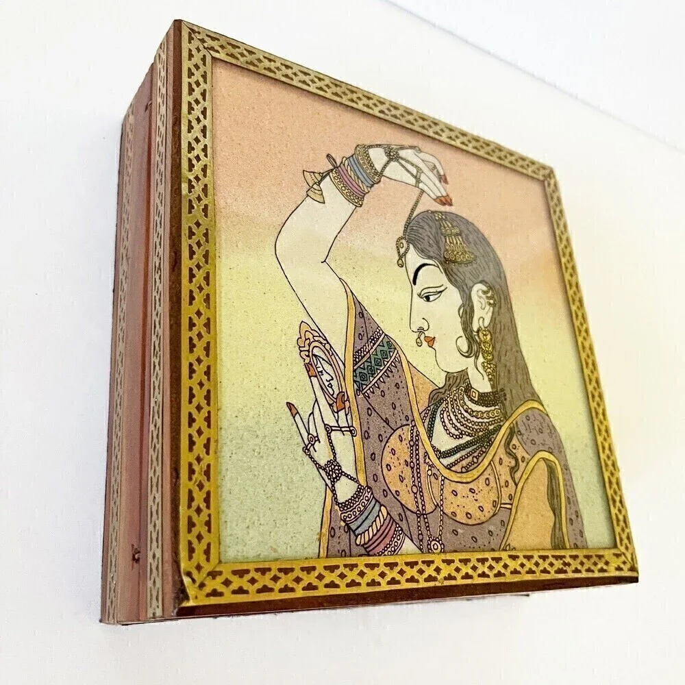Indian Art Gemstone Painting Indian Wooden Jewelry Box Bani Thani Handcrafted